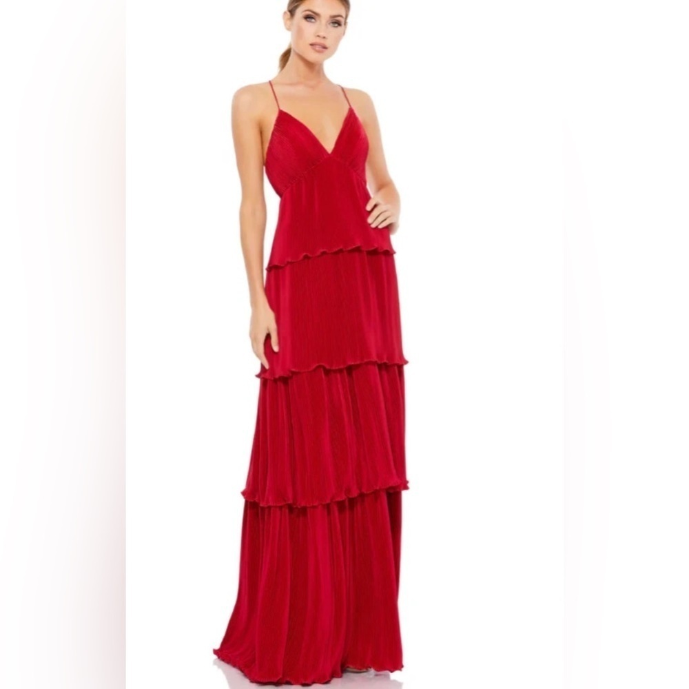 MAC DUGGAL 49083 SPAGHETTI STRAP RUFFLE LAYERED MAXI RED GOWN sz 4 - Picture 3 of 11